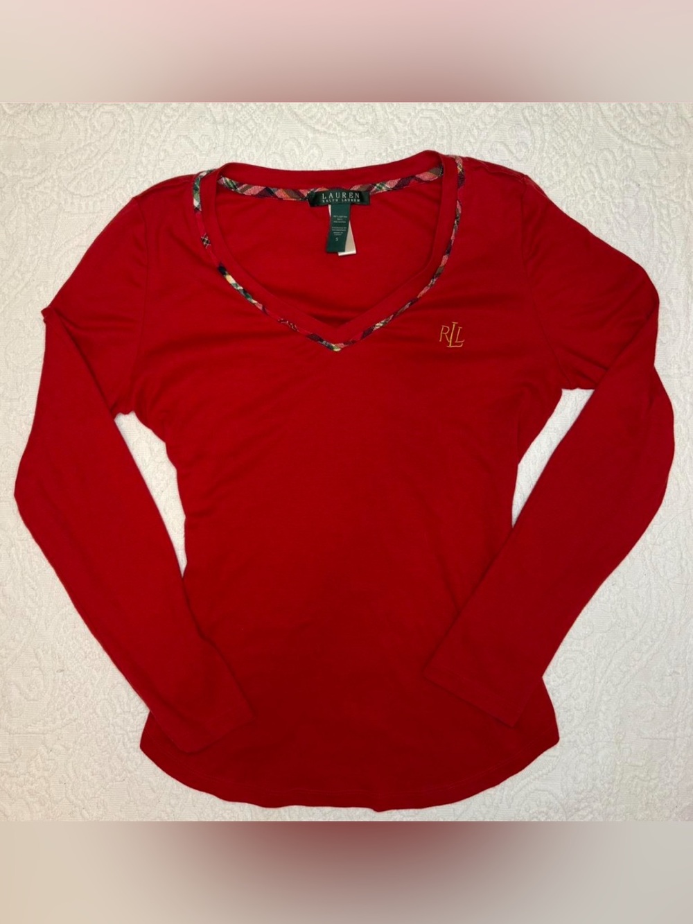 Ralph Lauren Red Long Sleeve V-Neck Top with Pattern Trim